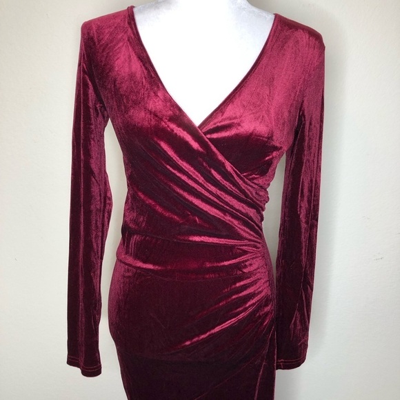 Zaberry Wine Red Velour Velvet Wrap Stretch Mermaid Midi Dress Valentine’s Day - Picture 4 of 14